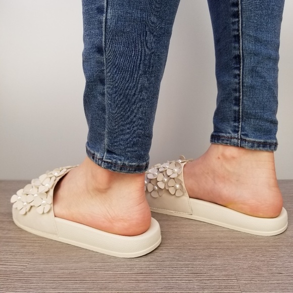 Beige Slider Sandal Flower and Pearl Accents-A - Picture 6 of 6